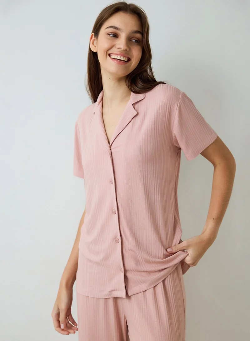 Penti Emma Ribbed Shirt Collar Short Sleeve Pajama Set
